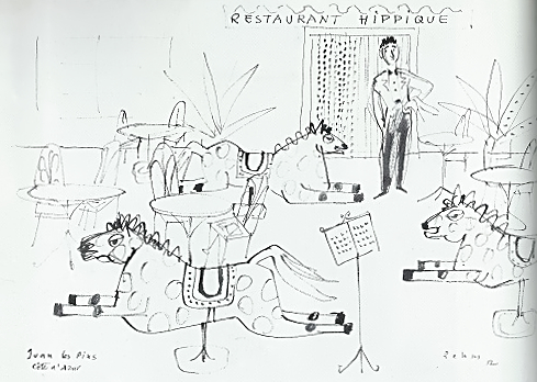 Federzeichnung von Helmut Rehm 1952, Côte d’Azur, Restaurant Hippique