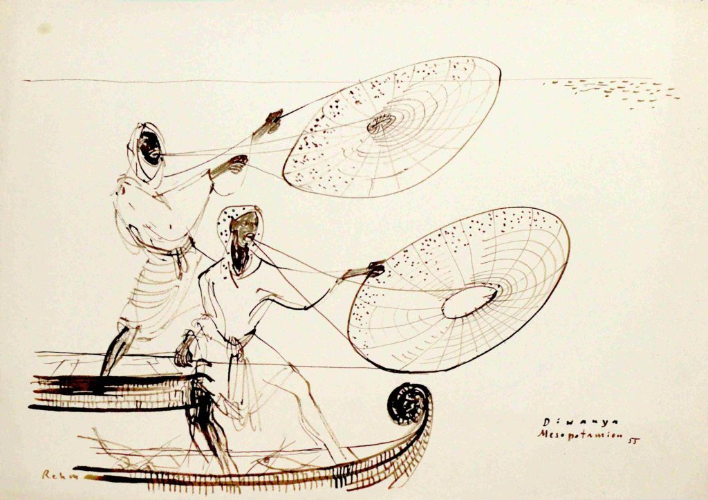 Fischer in Diwaniyya, Mesopotamien; Federzeichnung von Helmut Rehm