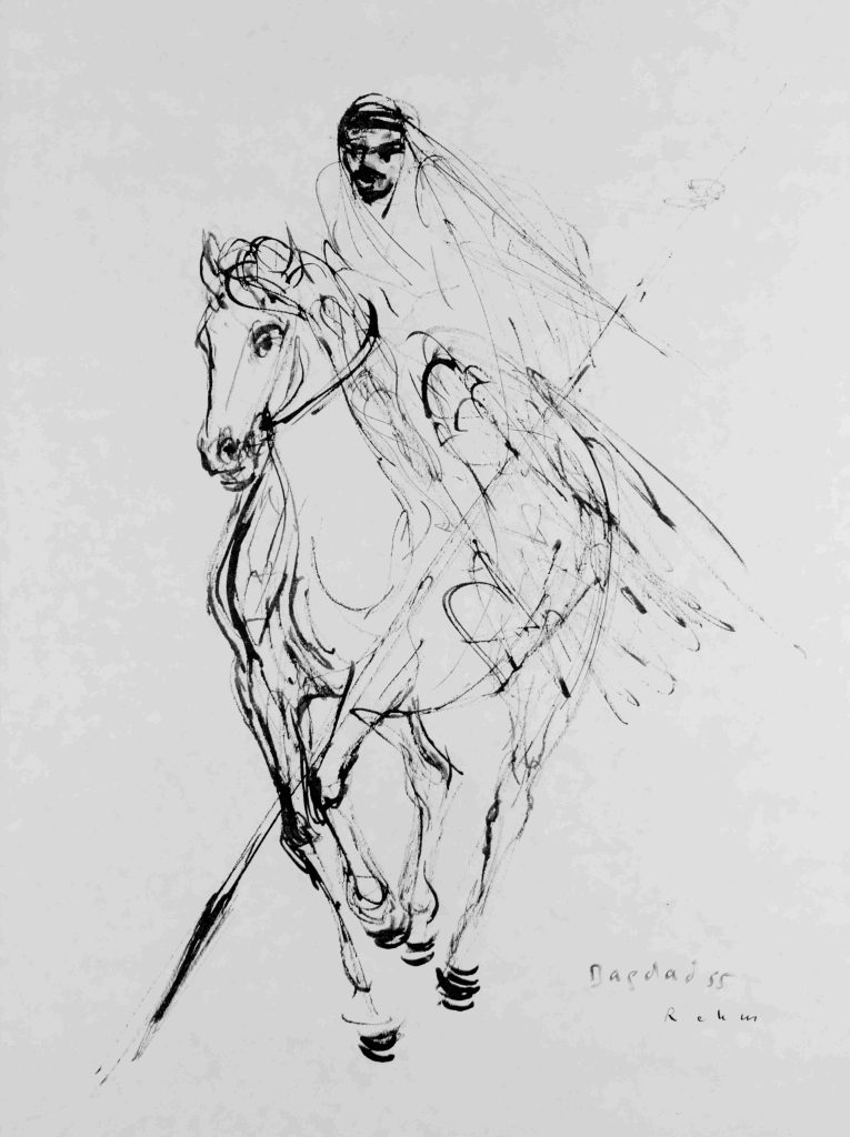 Reiter auf gallopierendenm Pferd, Federzeichnung von Helmut Rehm auf seiner Orientreise 1955