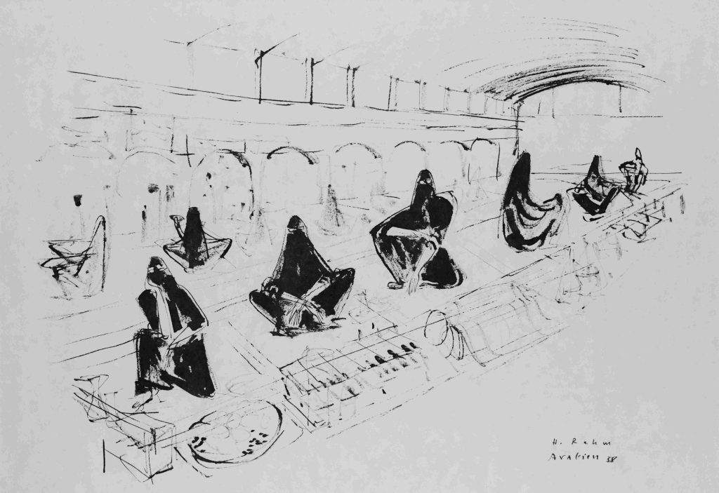 Suq in Saudi-Arabien, Federzeichnung von Helmut Rehm aus dem Jahr 1958
