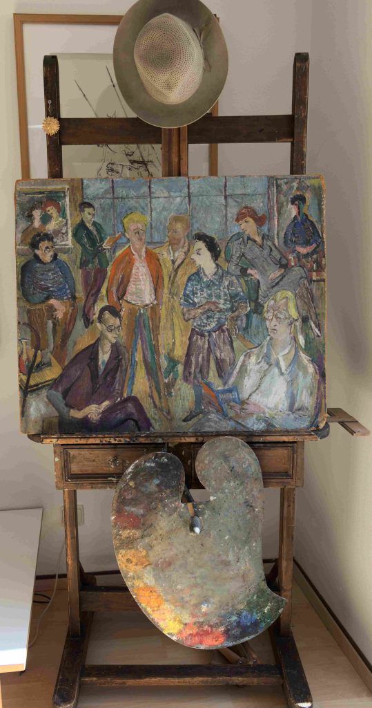 Staffelei von Helmut Rehm, mit einem Bild von einem Künstlertreffen in seinem Atelier