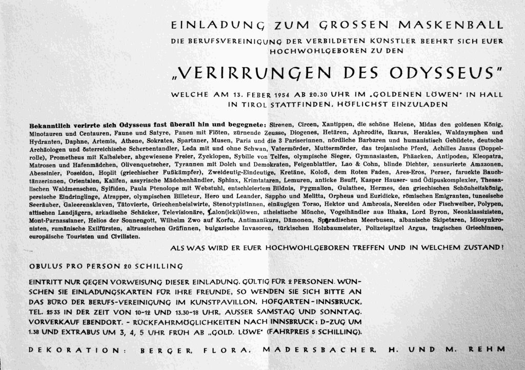 Text zur Einladung zum Maskenball der Künstler 1954, Grafik von Helmut Rehm; Titel der Einladung "Verirrungen des Odysseus"