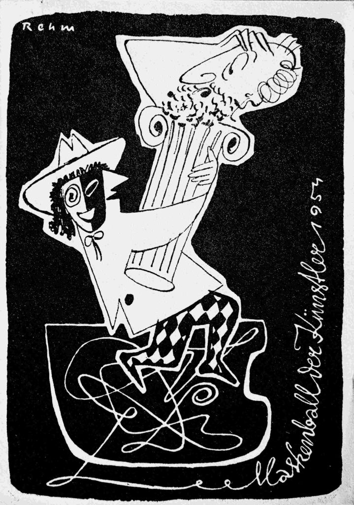 Einladung zum Maskenball der Künstler 1954, Grafik von Helmut Rehm; Titel der Einladung "Verirrungen des Odysseus