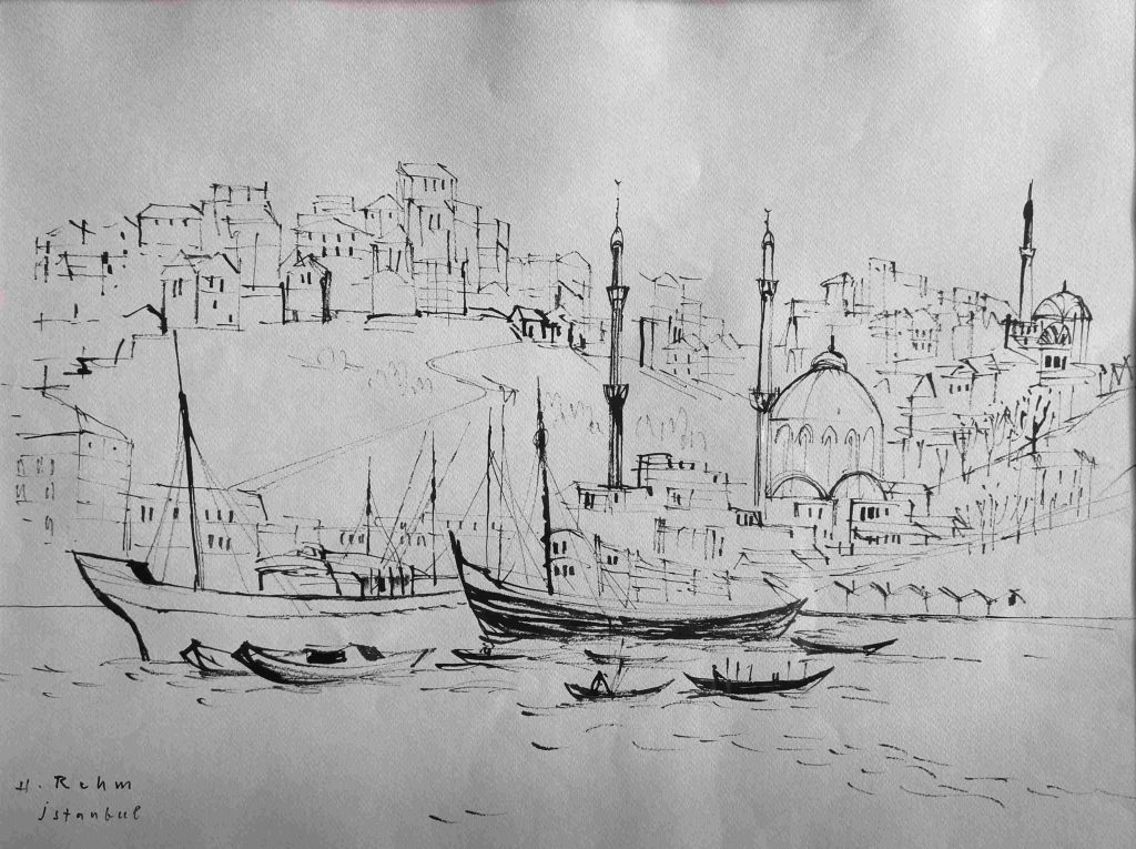 Federzeichunung von Helmut Rehm. Sie zeigt Schiffe auf dem Bosporus und im Hintergund die Stadt Istanbul.
