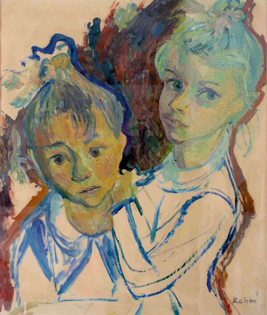 Ölbild von den Kindern Viktoria und Nina. Beide halten sich Arm in Arm. Von Helmut Rehm