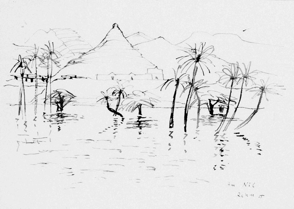 Federzeichnung von Helmut Rehm; man sieht Palmen, die sich im Nil spiegeln und im Hintergrund Hügel und ein angedeutetes Dorf