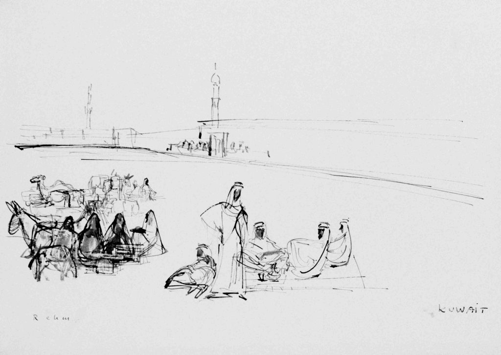 Die Federzeichnung von Helmut Rehm zeigt eine Karawane mit Kamel und Esel, die eine Rast vor der Stadt Kuwait einlegt. Die Zeichnung ist aus dem Jahre 1955