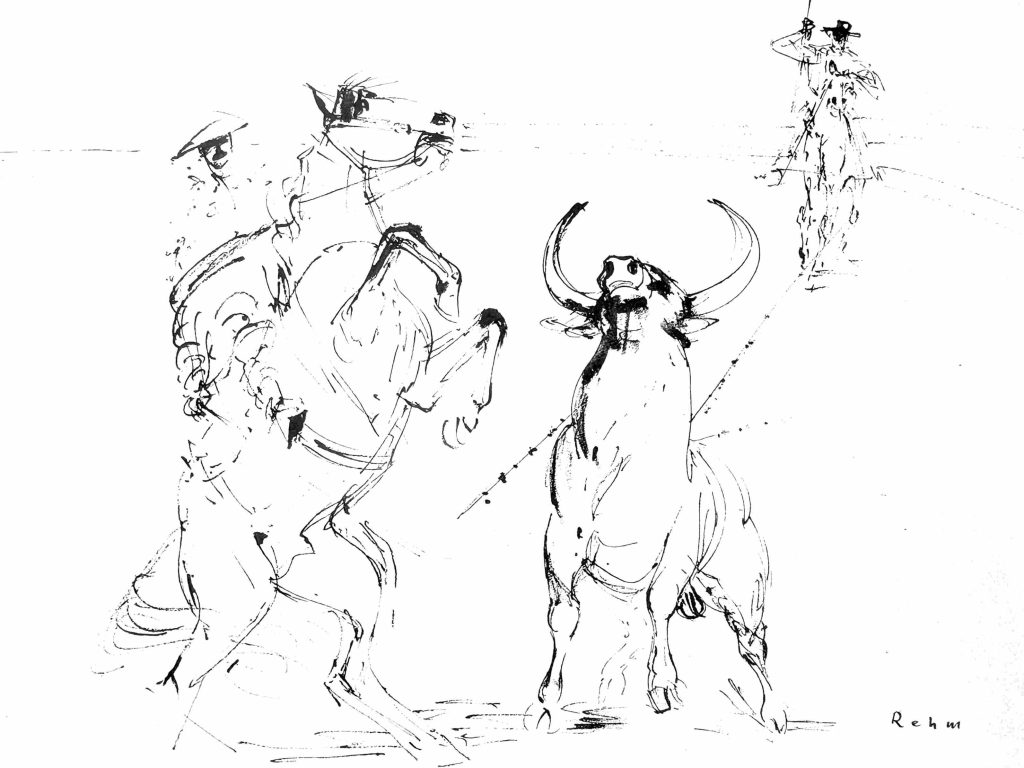 Zwei Reiter beim Stierkampf, Federzeichnung von Helmut Rehm